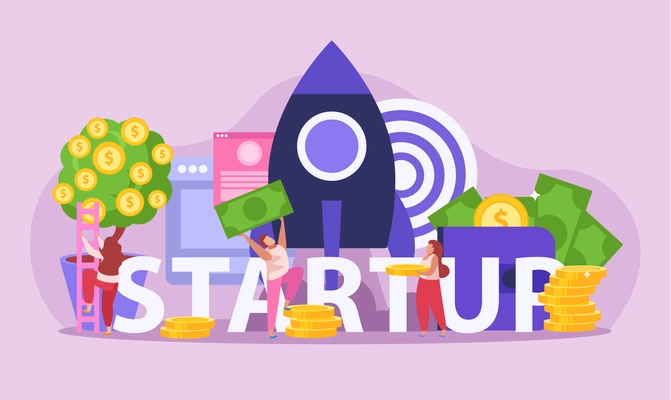 Flat crowdfunding composition with rocket and people collecting money for startup vector illustration