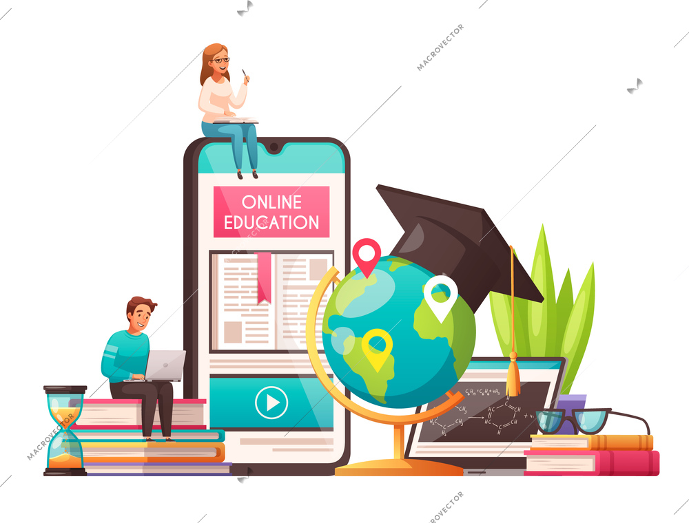 Online education worldwide cartoon composition with graduation cap students sitting on smartphone books pile hourglass vector illustration