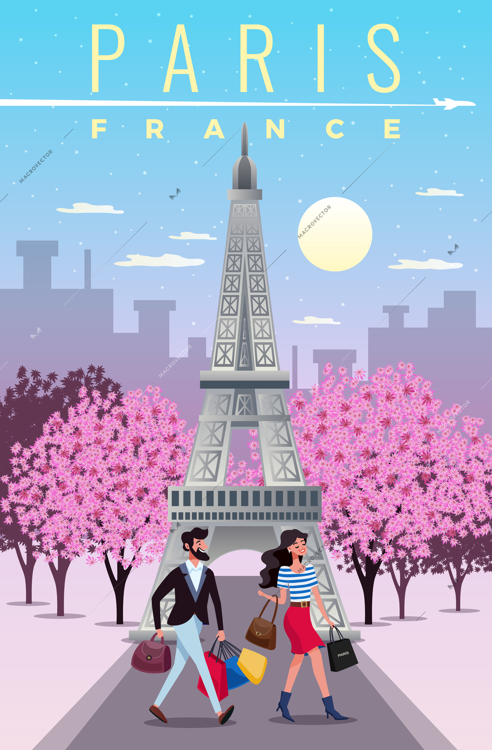 Paris travel background with sightseeing and shopping symbols flat vector illustration