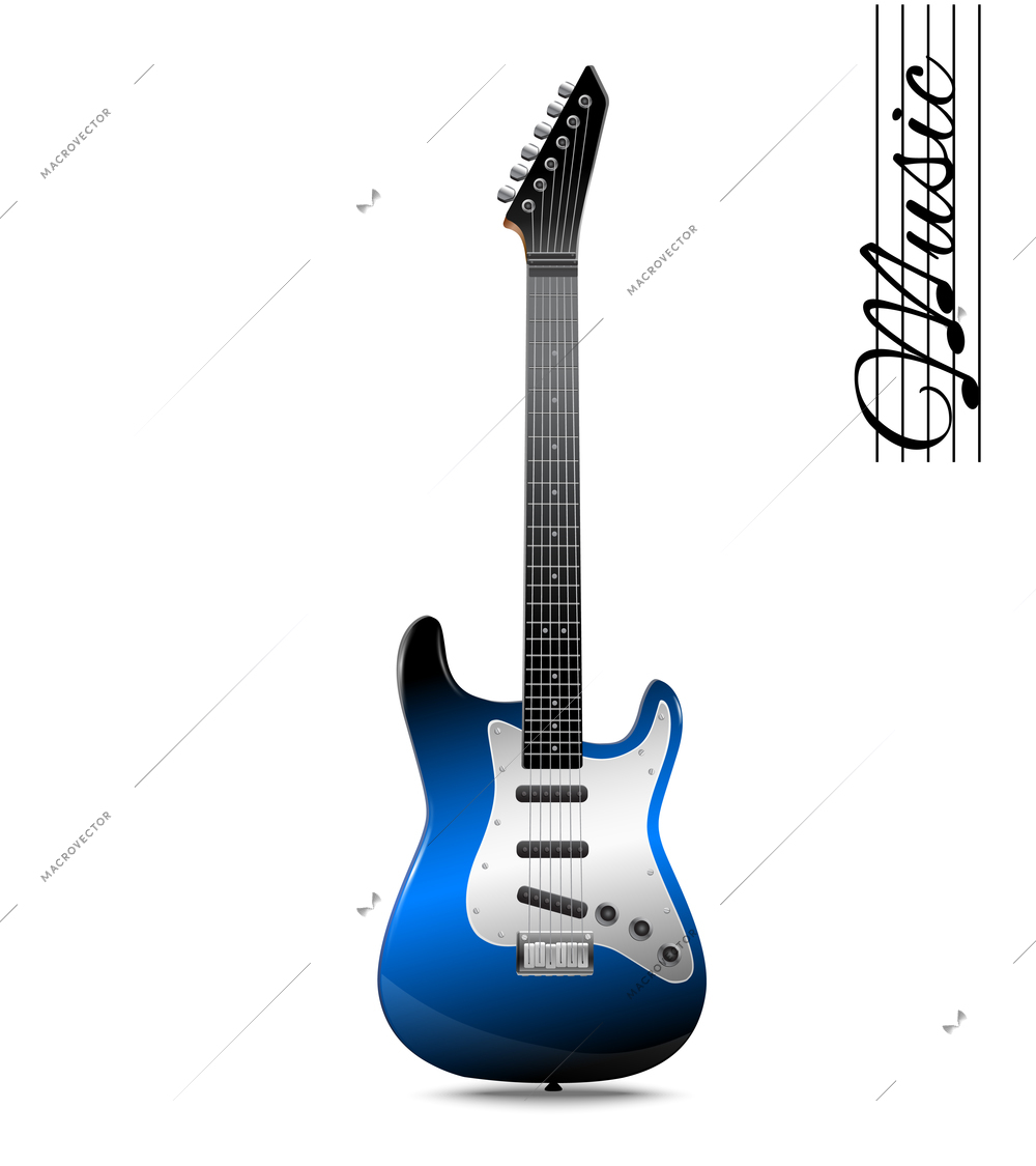 Blue electric guitar music concept isolated on white background vector illustration
