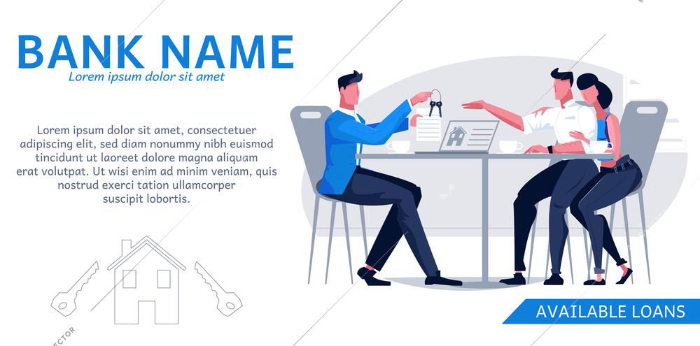 Bank horizontal banner with editable text bank name and flat characters of people sitting at table vector illustration