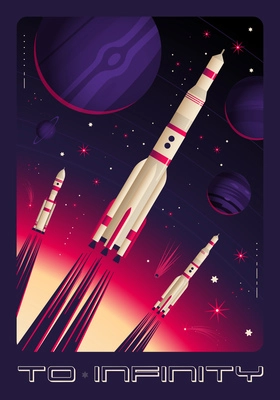 Space vertical poster with frame and composition of launching rockets images and planets with shining stars vector illustration