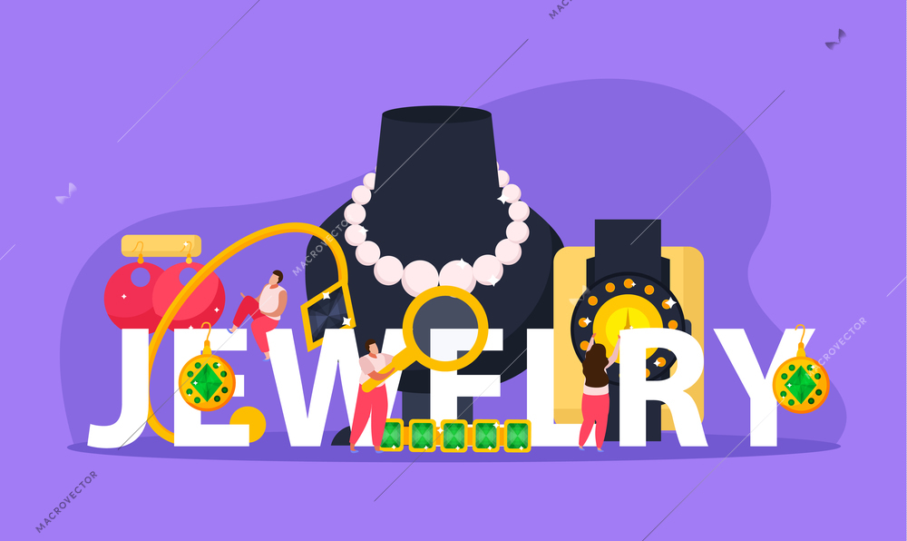 Jewelry flat composition with text surrounded by images of valuable objects and doodle characters of people vector illustration