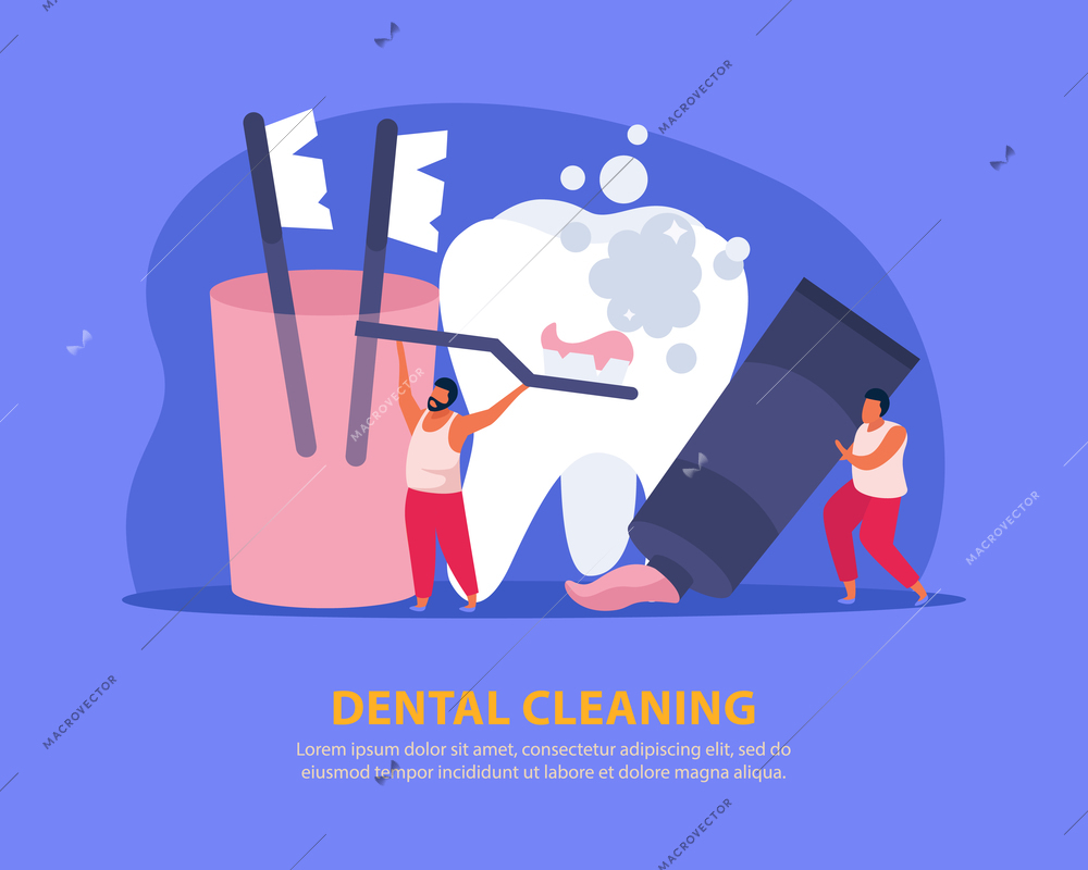 Dental health flat background with editable text and doodle images of people moving tube and brush vector illustration