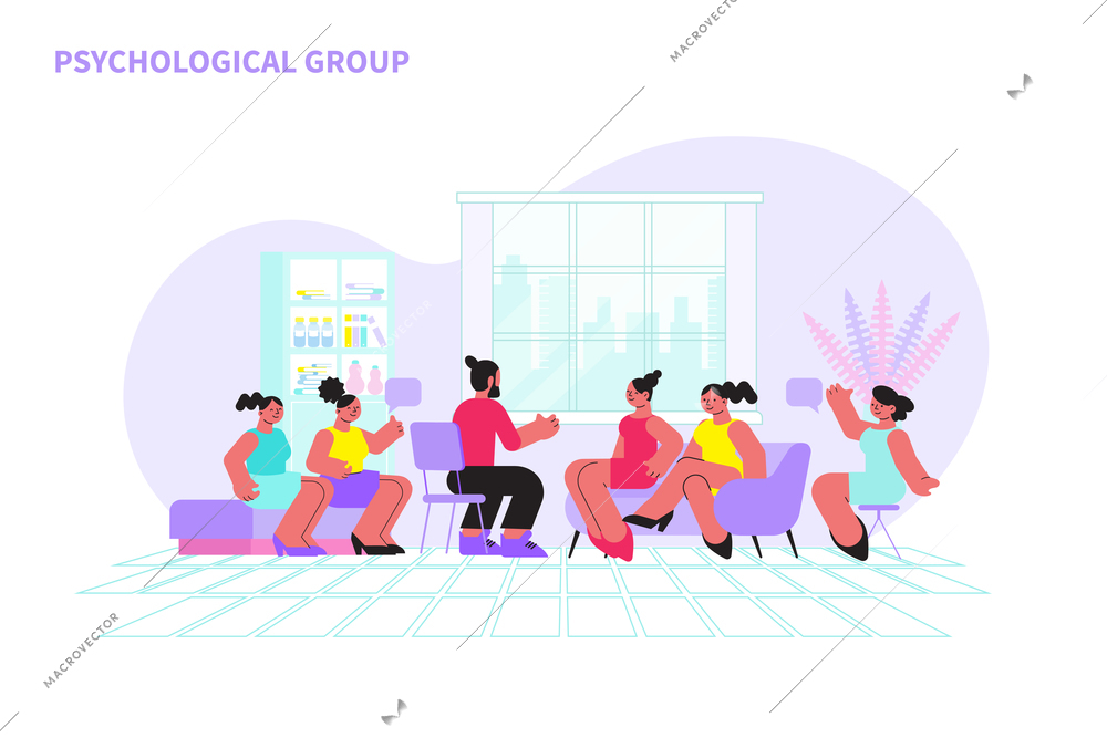 Women at psychological group interview with male psychologist flat vector illustration