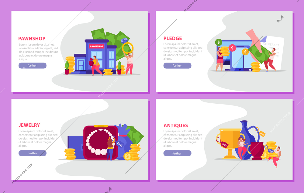 Pawnshop flat 4x1 set of four horizontal banners with items of value text and clickable buttons vector illustration