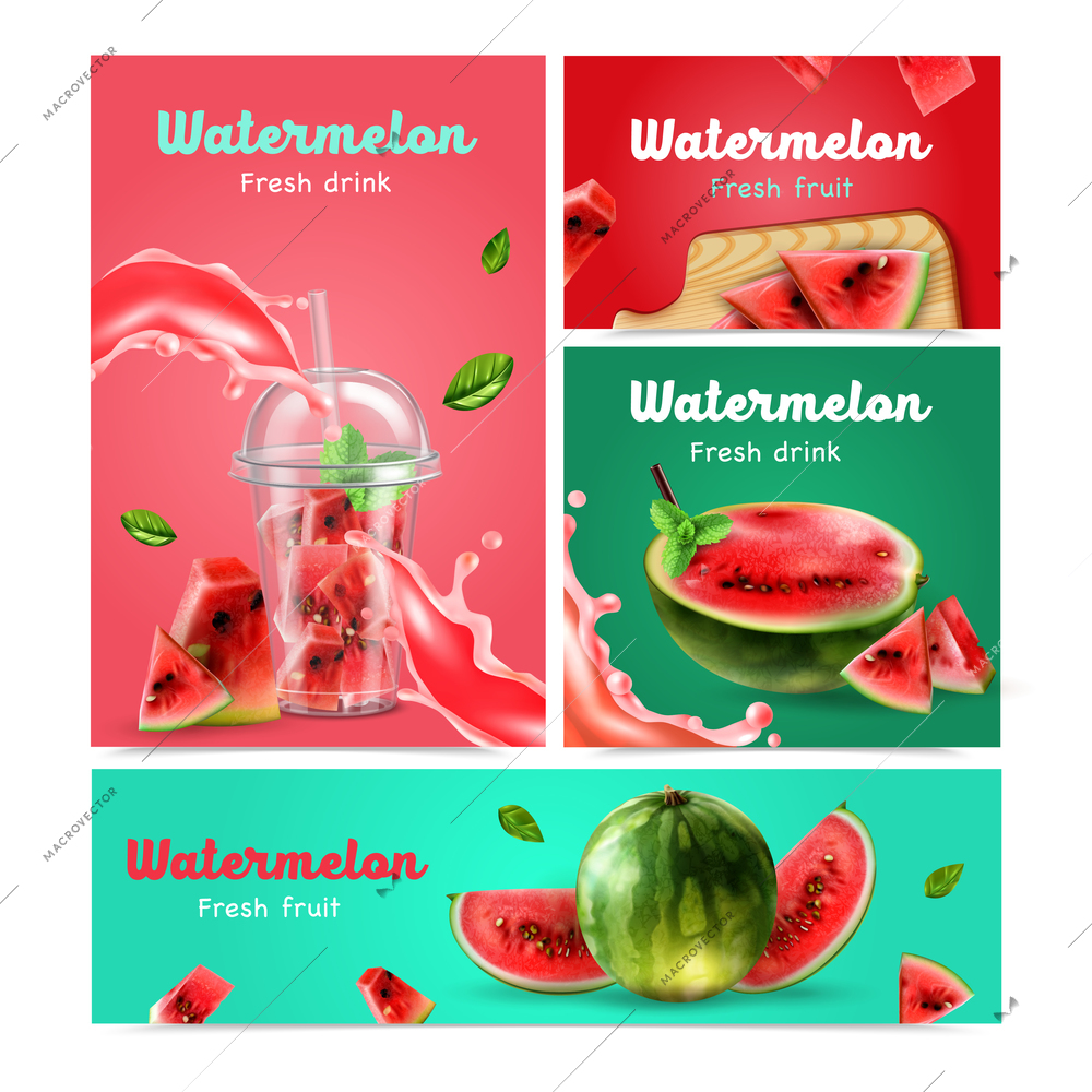 Fresh fruits and drinks from watermelon realistic banners set with realistic images of red ripe tasty berries vector illustration