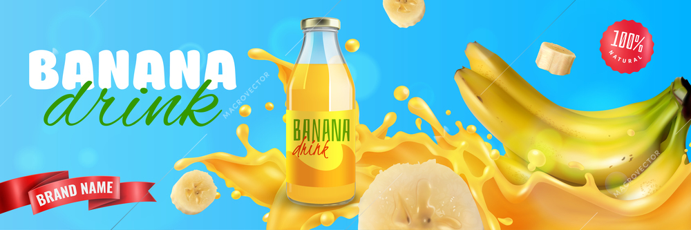 Natural banana drink horizontal poster with fresh fruits splashes and red ribbon for brand name vector illustration
