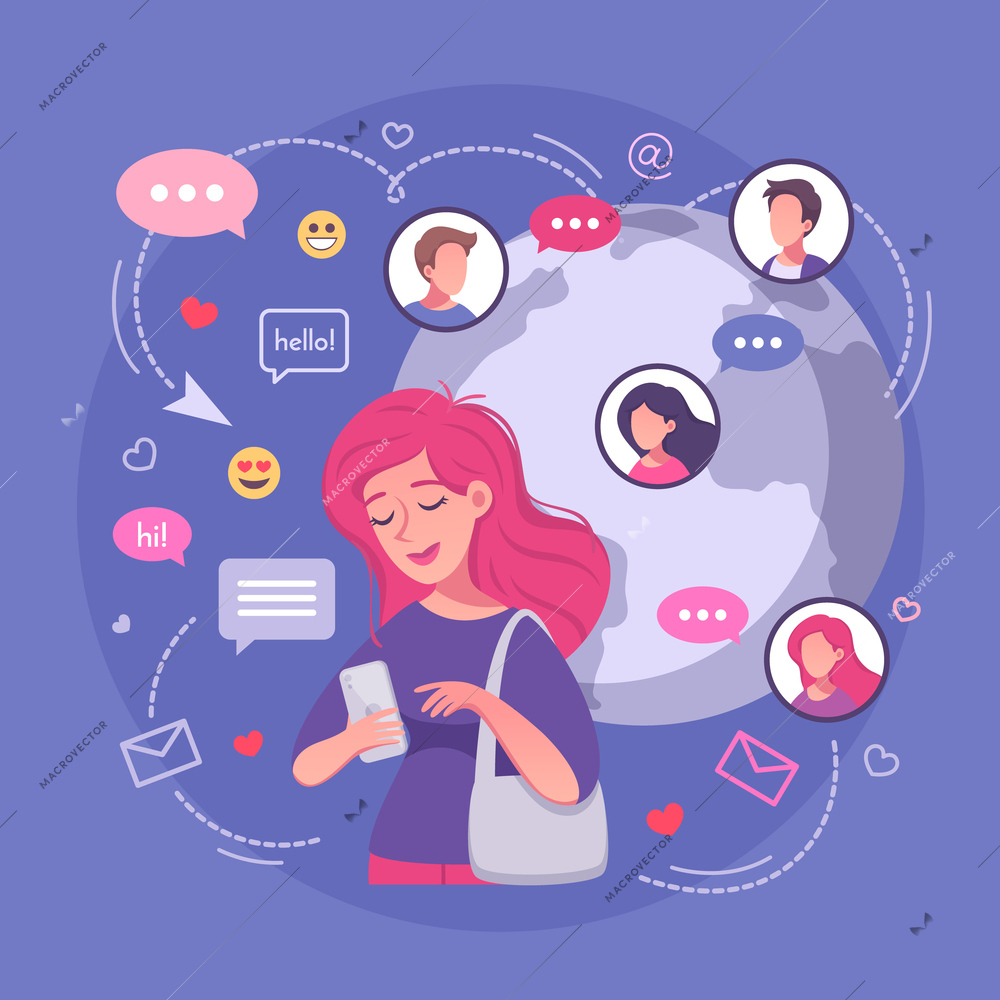 Virtual relationships online dating cartoon composition with female character earth globe emoji and message pictograms flowchart vector illustration