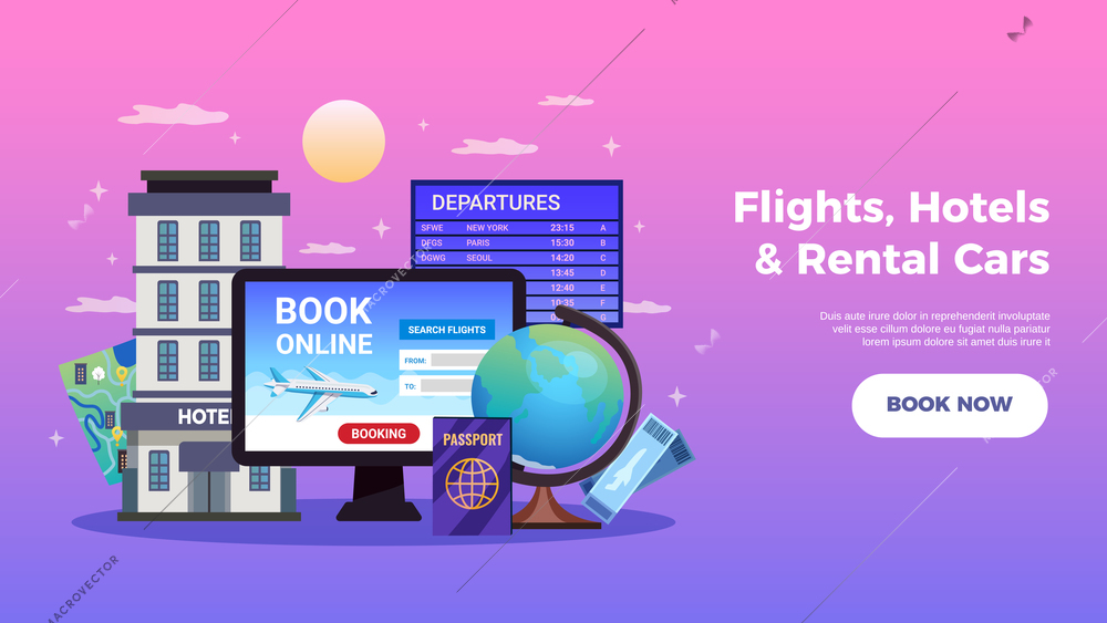 Travel tourism booking horizontal banner with flights hotels and rental cars descriptions and book now button vector illustration