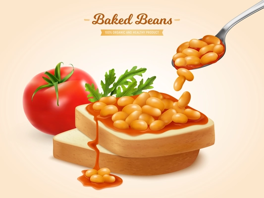 Backed beans in tomato sauce on bread slices realistic advertising composition with arugula sandwich isometric vector illustration