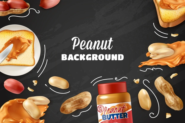 Peanut colored background with realistic images of beans snacks and jar with peanut butter on chalkboard vector illustration