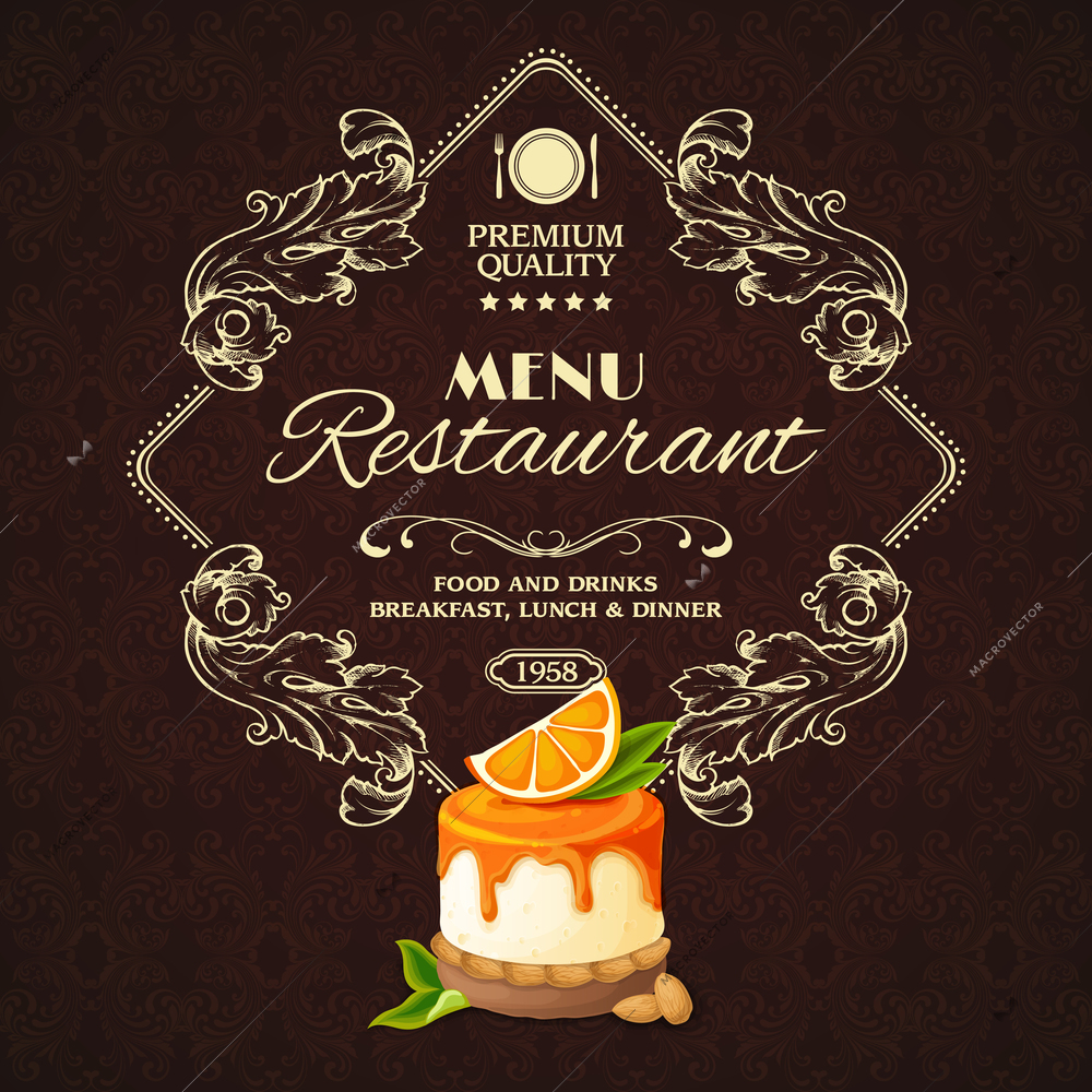 Decorative sweets dessert restaurant menu with orange syrup cake vector illustration