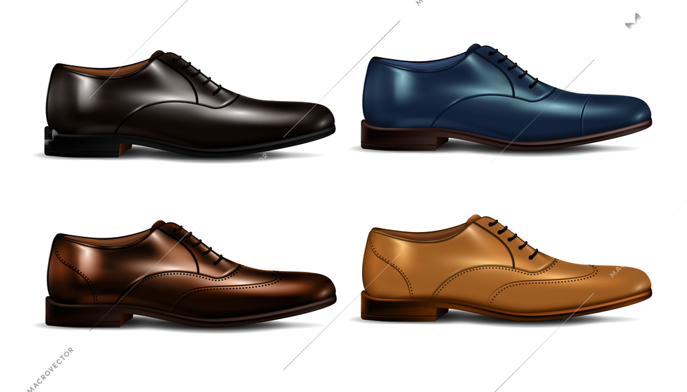 Realistic color man shoes icon set with four different color of boots vector illustration