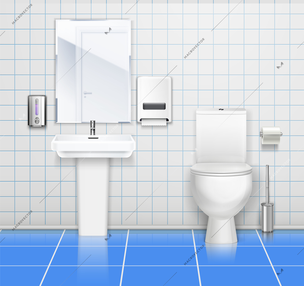 Public toilet interior colored composition with white and blue tile mirror washbasin and toilet vector illustration