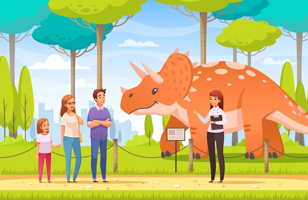 Dinosaurs cartoon composition with human characters of guide and family members in wildlife reservoir with dinosaur vector illustration