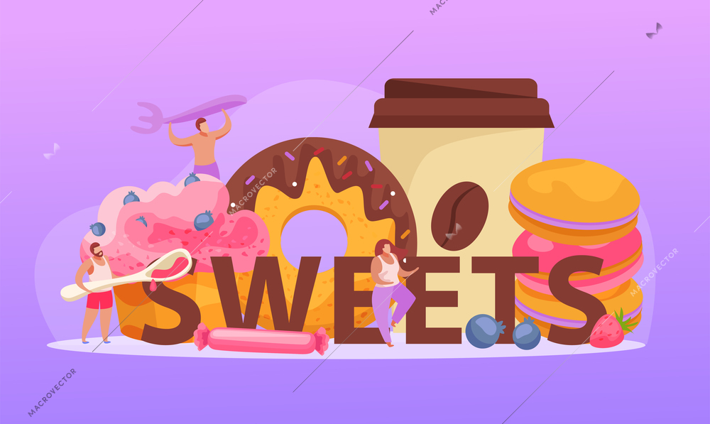Sweets cakes and people concept with confectionery symbols flat vector illustration