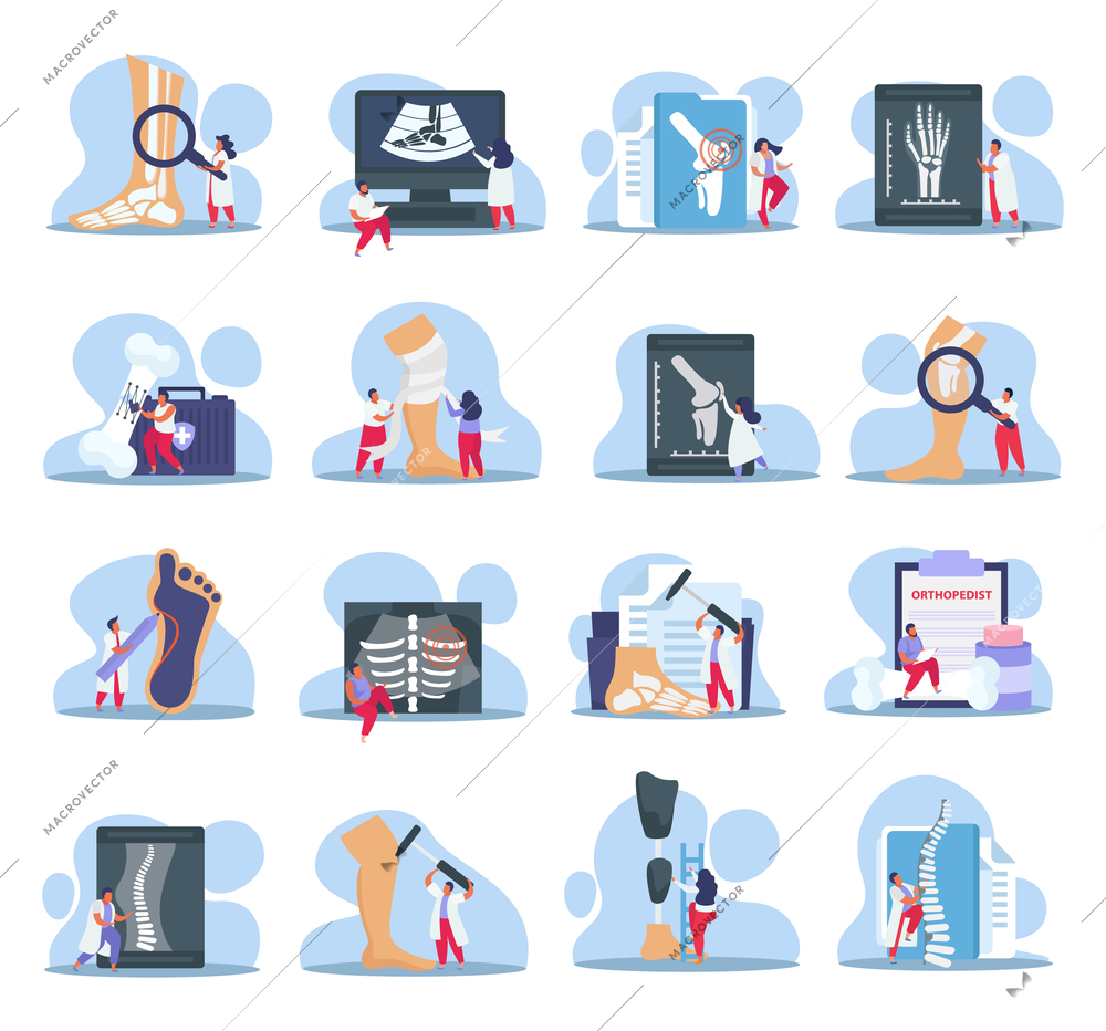 Orthopedist icons set with fracture treatment symbols flat isolated vector illustration