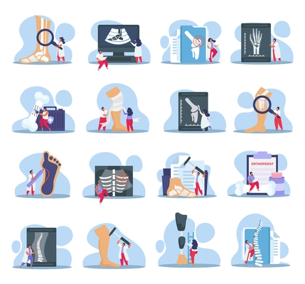 Orthopedist icons set with fracture treatment symbols flat isolated vector illustration