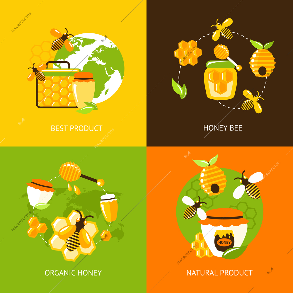 Best product organic natural honey bee icons set isolated vector illustration