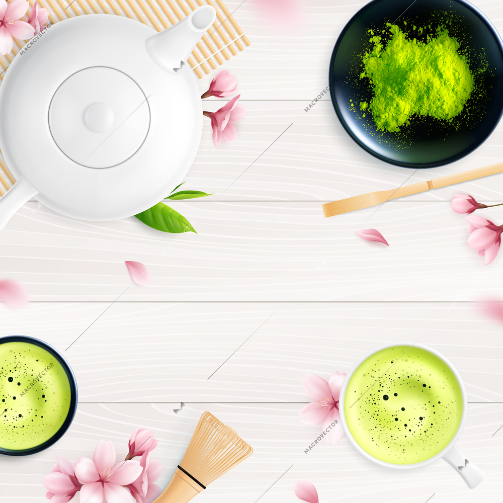 Matcha tea frame composition of realistic tea set images with purple petals of blossom and cups vector illustration