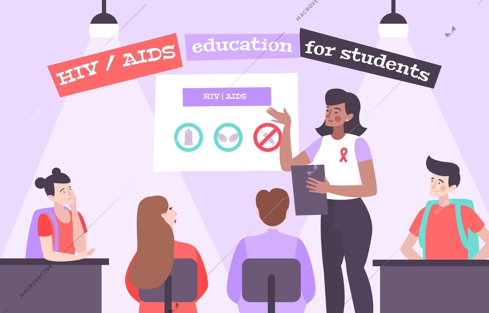 Hiv aids education flat composition with view of classroom and teacher explaining anti-virus protection methods vector illustration