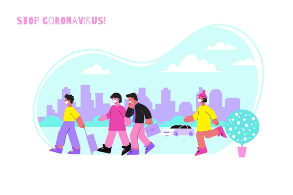 Protection mask coronavirus composition with text and people wearing masks walking outdoors with flat cityscape background vector illustration