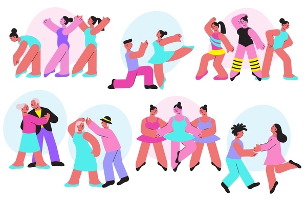 Dancing school set with isolated icons and flat human characters of dancers in pairs and groups vector illustration
