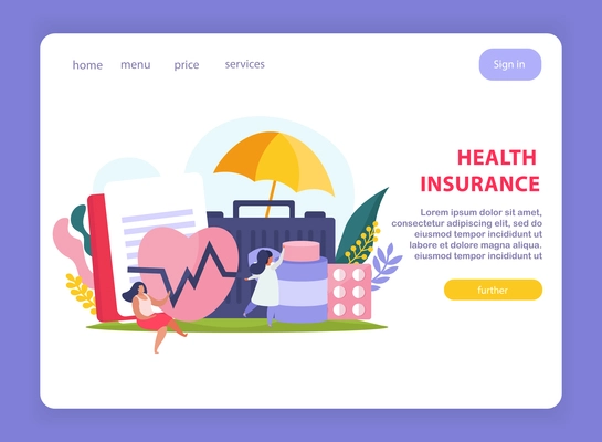 Health insurance page design with price and services symbols flat vetor illustration