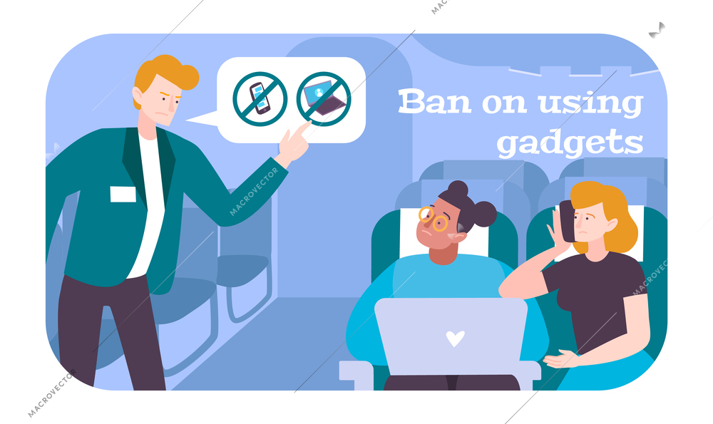 Passengers in airplane flat poster with steward giving ban on using gadgets with internet vector illustration