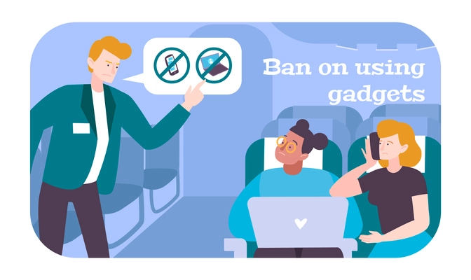 Passengers in airplane flat poster with steward giving ban on using gadgets with internet vector illustration