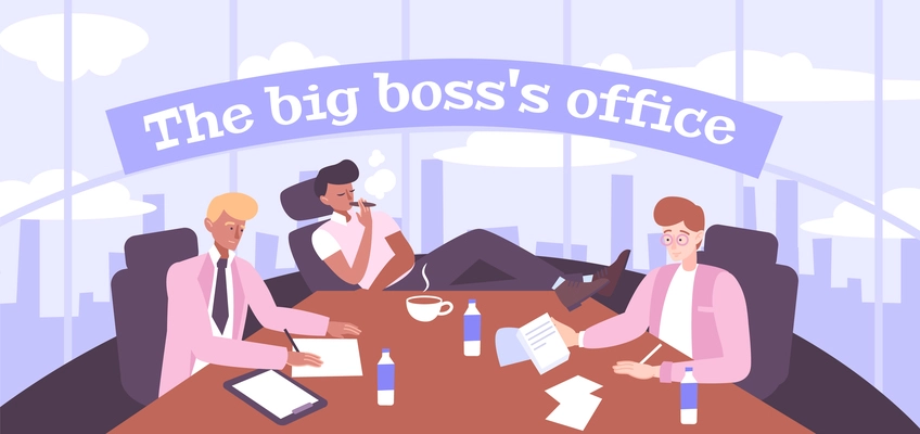 Big boss office in city skyscraper with team of colleagues discussing current business problems flat background vector illustration