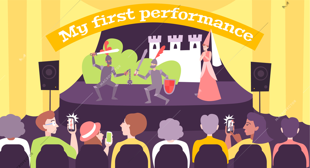 My first performance flat background with children playing on stage and parents with smartphones in  audience vector illustration