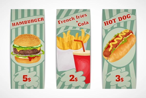 Fast food banners set with hamburger French fries cola and hot dog isolated vector illustration.