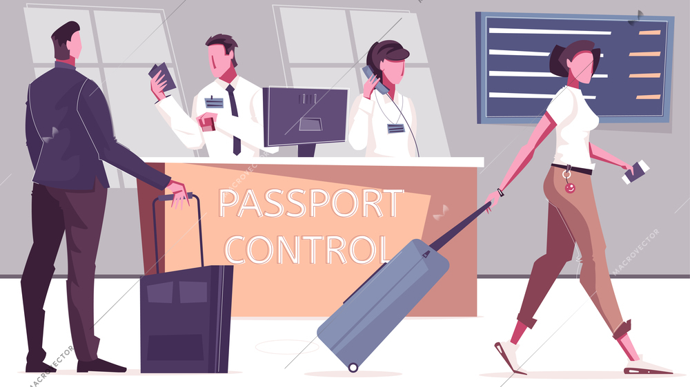 Passport control indoor composition with flat characters of passengers and officers at desk with departures table vector illustration