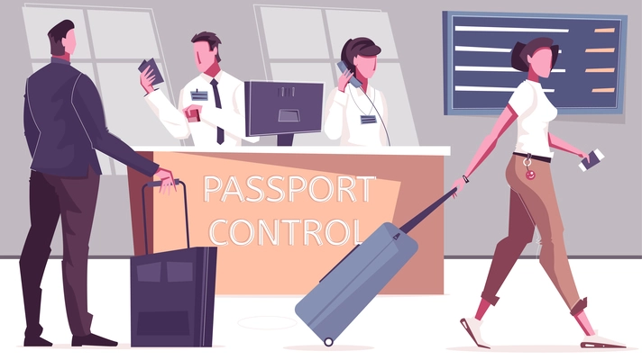 Passport control indoor composition with flat characters of passengers and officers at desk with departures table vector illustration