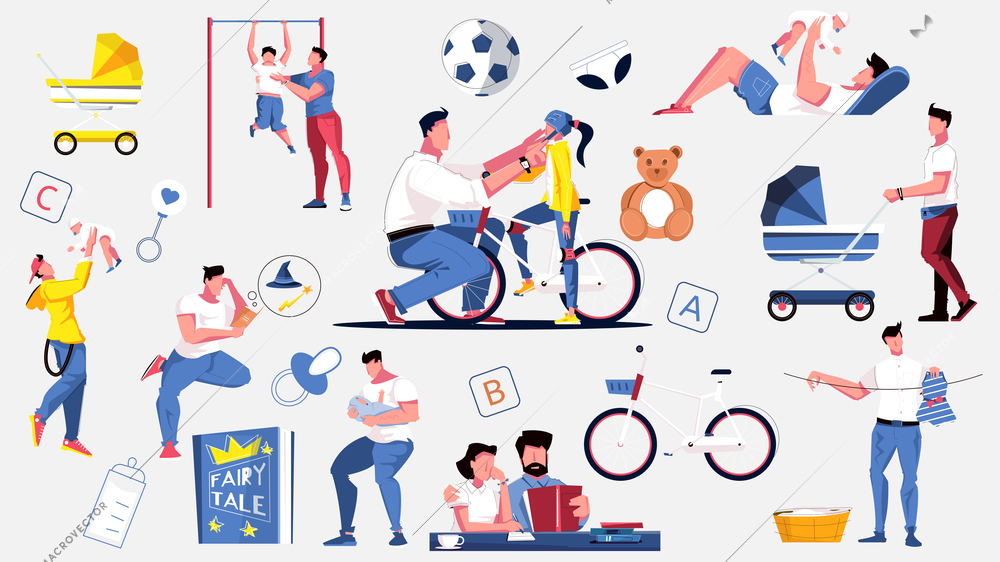 Dad set of flat isolated icons and human characters of fathers with their children and toys vector illustration