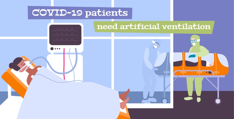 Coronavirus flat background with doctors in protective suits and patients needed in artificial lung ventilation vector illustration