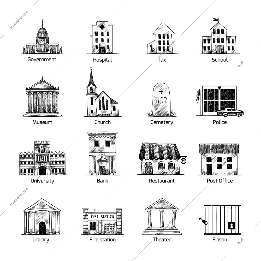 Government building icons set in hand draw style of post cemetery museum school church theater isolated vector illustration