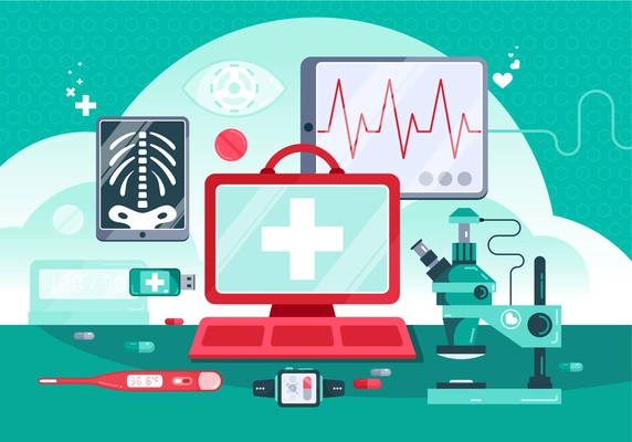 Digital medicine illustration with doctors desk monitor and professional equipment and tools vector illustration