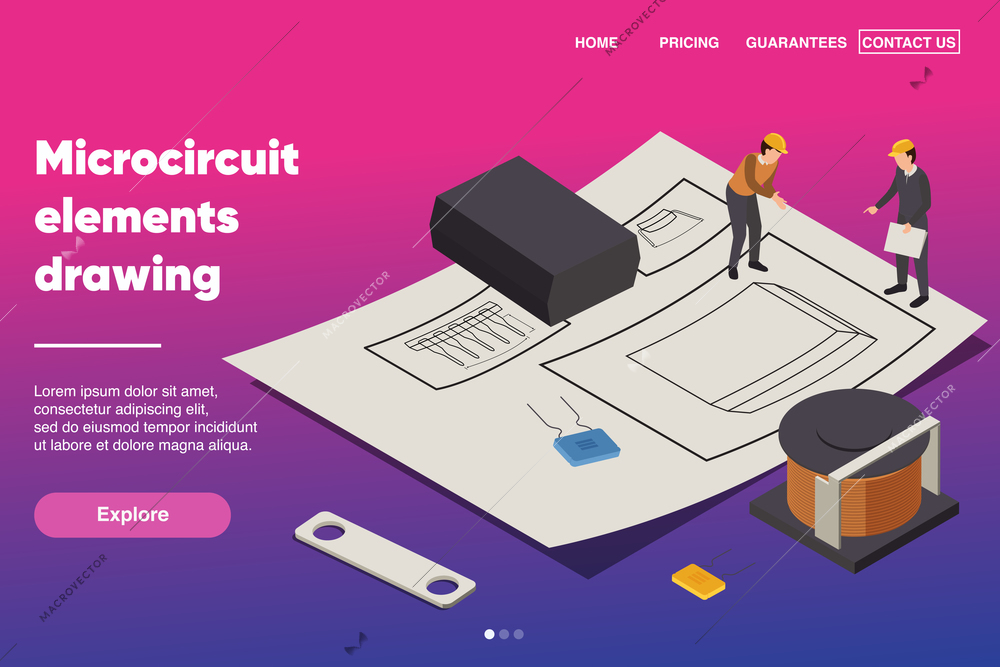 Microcircuit elements drawing background with semiconductor isometric vector illustration