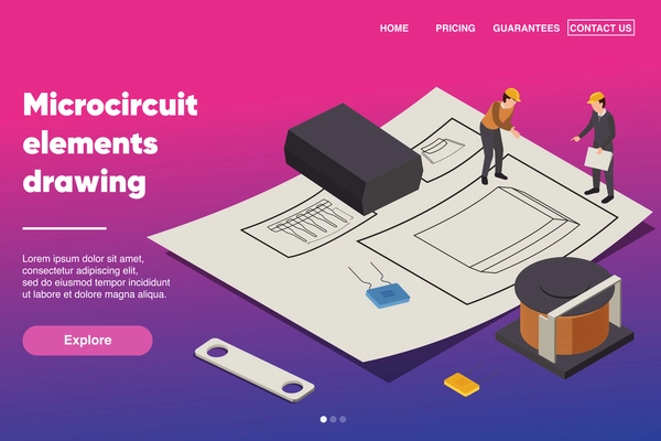 Microcircuit elements drawing background with semiconductor isometric vector illustration