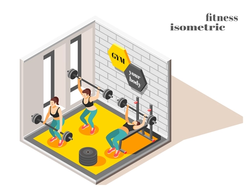 Gym center interior isometric composition with powerful full body workout weight lifting exercises for women vector illustration