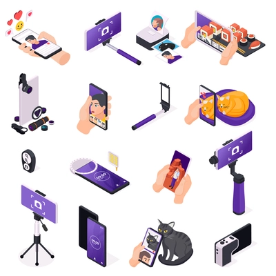 Devices for making mobile photo and video isometric set isolated on white background 3d vector illustration