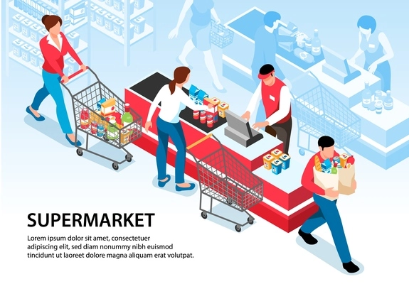 Supermarket horizontal poster with buyers driving pushcarts with groceries to cash desk vector illustration