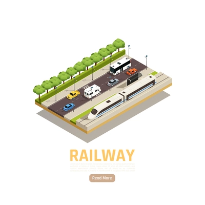 Train railway station isometric background with urban scenery cars on motorway with railway and city train vector illustration