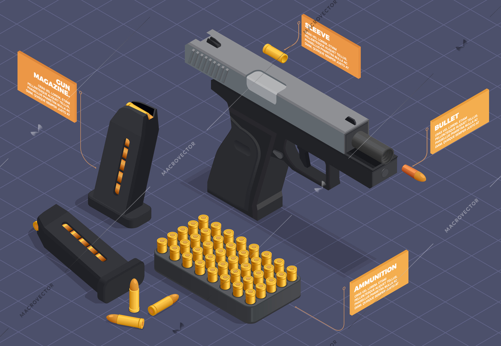 Army weapons soldier isometric infographics with text caption blocks and images of pistol with bullet sets vector illustration