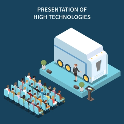 Modern conference hall high technologies presentation isometric composition with big automotive smart device on podium vector illustration