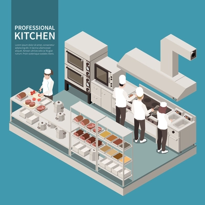 Professional kitchen equipment appliances isometric composition with cooks preparing food using deep fryer cutting ingredients vector illustration