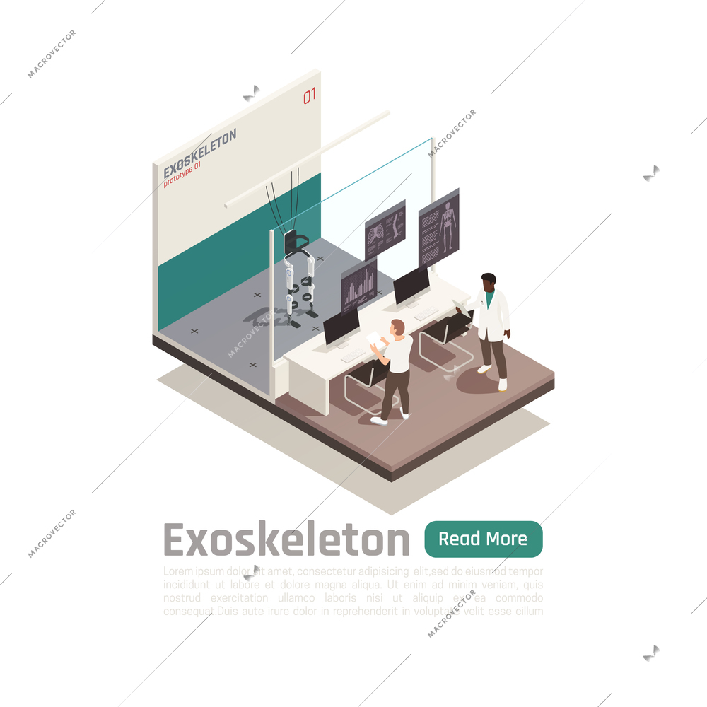 Bionics technology isometric composition with specialists researching  in laboratory new prototype of medical exoskeleton vector illustration